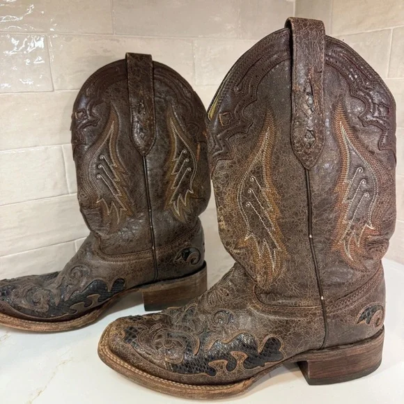 Corral® Ladies Chocolate Snake Inlay Brown Square Toe Boots A2404 - Picture 3 of 6